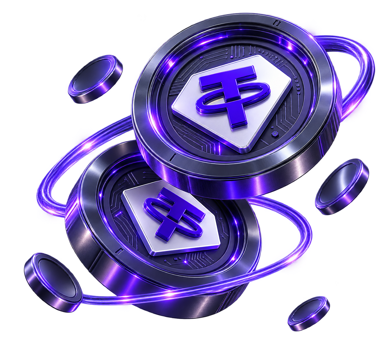 एक परिक्रमा करती प्रकाश रेखा से घिरे दो टेथर (USDT) सिक्के